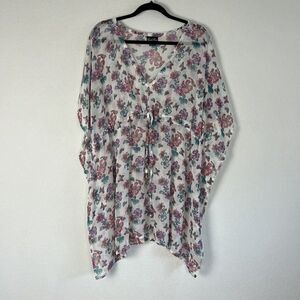 Good Times Womens White Floral Sheer Swim Cover Boho Tunic 3/4 Batwing Sleeve OS